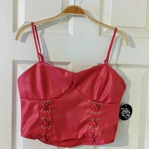Women's Pink Vegan Leather Corset-like Cropped Spaghetti Straps Top Sz. L‎ NWT